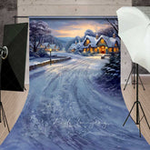 Aperturee - Aperturee Winter Village Christmas Sweep Photo Backdrop Snowy Cottages at Sunset Painted Holiday Landscape Photo Prop
